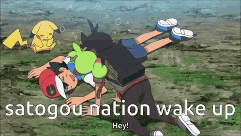 a cartoon of a boy laying on his back with the words satogou nation wake up