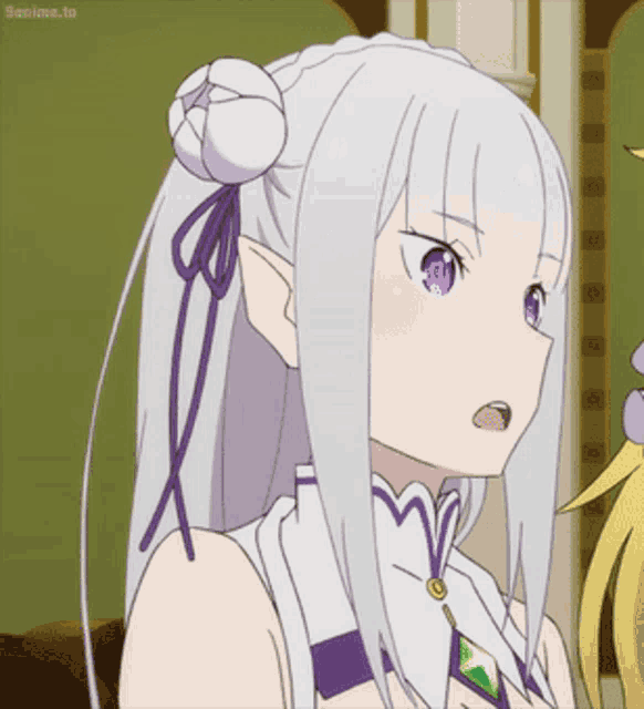 a girl with white hair and purple eyes has a bun on her hair