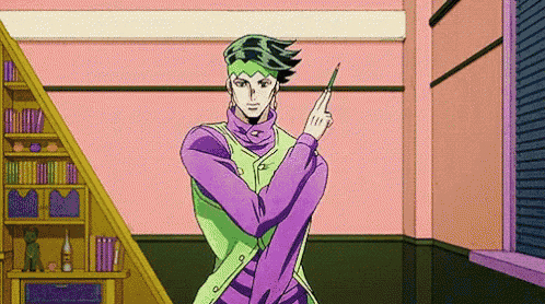 a cartoon character in a purple and green outfit is holding a pencil in a room .