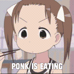 a cartoon girl with pigtails is eating something with chopsticks and the words ponk is eating next to her .