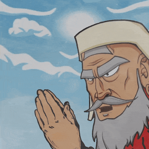 a cartoon drawing of a man with a beard and mustache praying