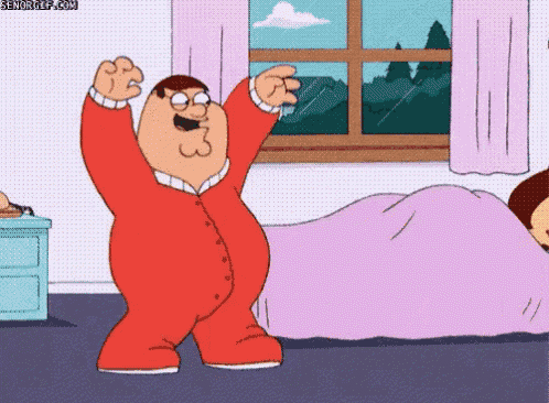 peter griffin from family guy is dancing in a bedroom next to a woman sleeping .
