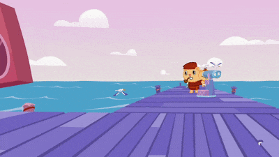 a cartoon of a man standing on a dock next to a pink box
