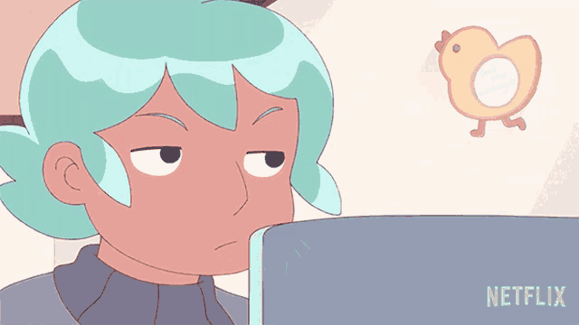 a cartoon of a girl looking at a laptop with a netflix logo on the bottom