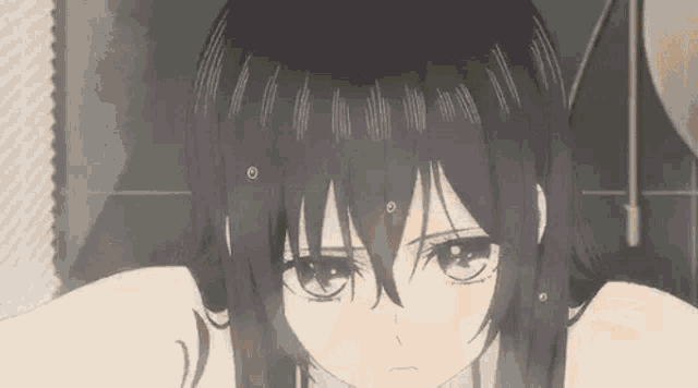 a black and white drawing of a girl with long black hair .