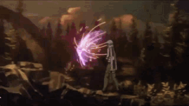 a person is standing on a rock with a purple light coming out of their hand .