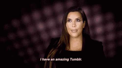 a woman with long hair is standing in front of a purple background and says `` i have an amazing tumblr . ''