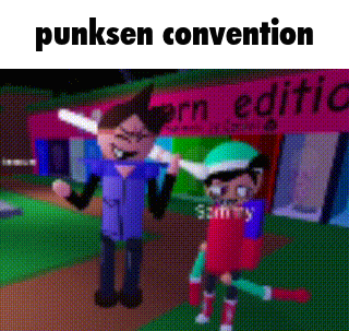 a cartoon character is standing in front of a sign that says punksen convention