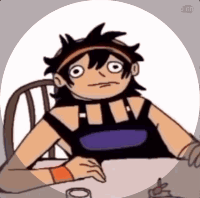 a cartoon of a person sitting at a table with a purple shirt on