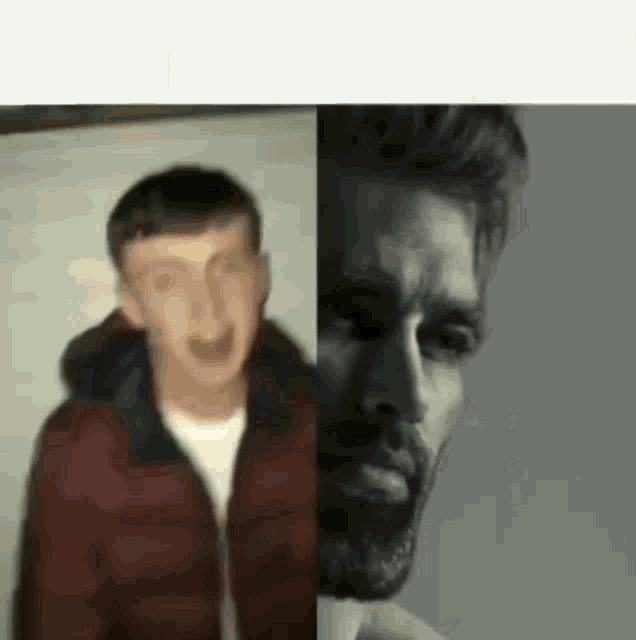 a man in a red jacket and a man with a beard are standing next to each other and looking at the camera .