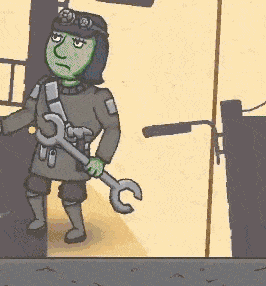 a cartoon character holding a wrench and a hammer