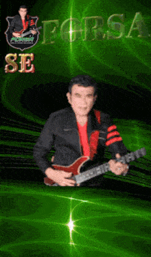 a man holding a guitar in front of a green background that says forsa