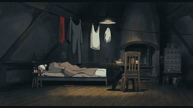 a cartoon drawing of a bedroom with clothes hanging on a clothesline