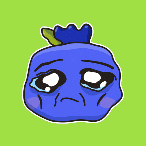 a cartoon drawing of a blueberry with a sad look on its face