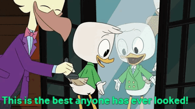 a cartoon of a man and a duck with the words " this is the best anyone has ever looked " at the top