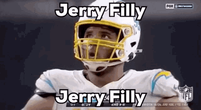 a football player wearing a helmet with the name jerry filly on it .
