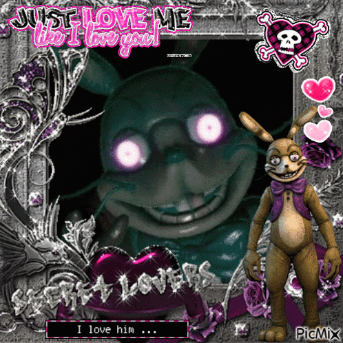 a picture of a bunny with purple eyes and the words just love me like i love you