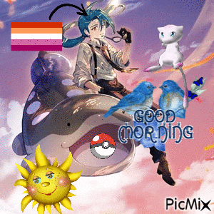 a picture of a man sitting on a dolphin with birds and the words good morning