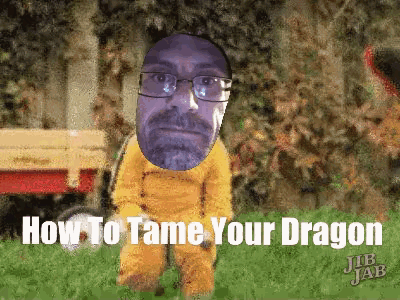 a man with glasses and a beard stands in the grass with the words how to tame your dragon