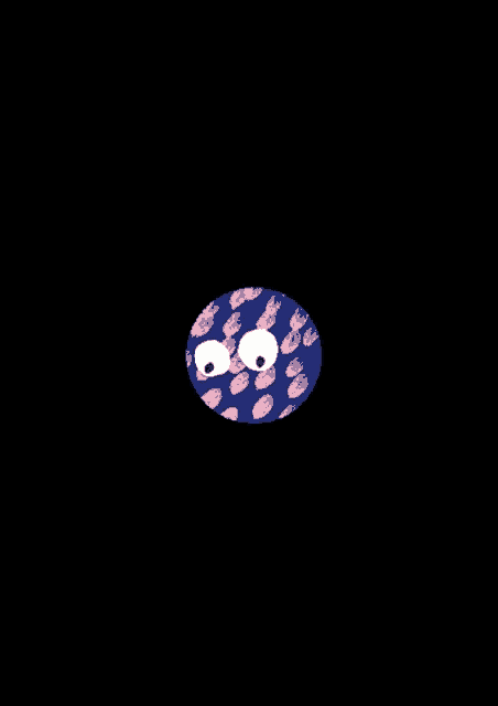 a cartoon drawing of a blue and pink circle with eyes