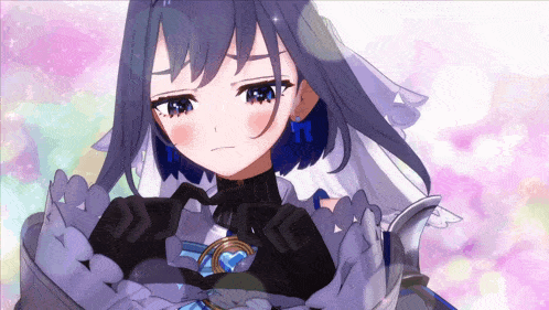 a purple haired anime girl with a heart shaped pendant on her chest