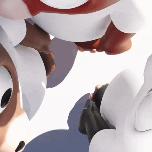 a group of cartoon characters are standing in a circle looking down