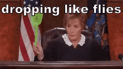 a judge is holding a green paddle in front of an american flag and the words dropping like flies above her .