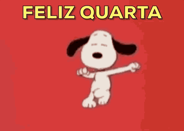 snoopy is dancing on a red background with the words feliz quarta in yellow letters