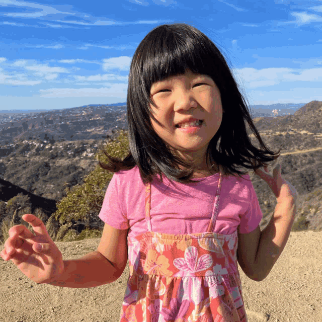 a little girl wearing a pink shirt and floral dress