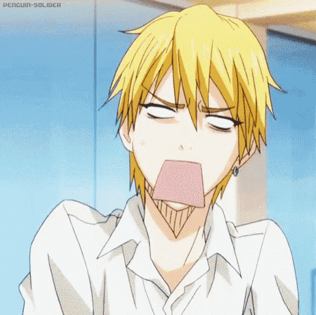 a yellow haired anime character is making a funny face .