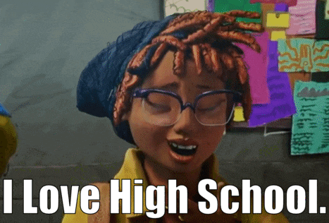 a cartoon girl with dreadlocks and glasses says " i love high school "