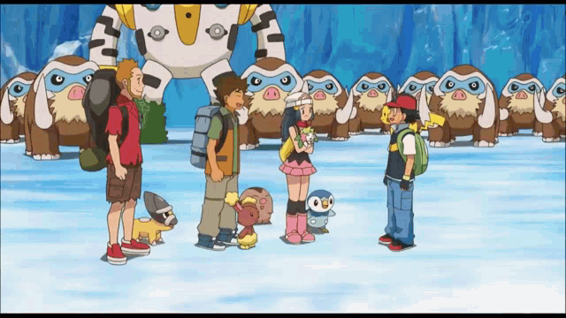 a group of cartoon characters are standing in front of a row of monkeys
