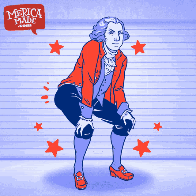 a drawing of george washington squatting with a speech bubble saying merica made .com