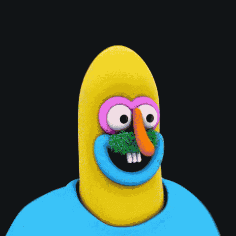 a cartoon character with a blue shirt and a yellow head with a purple eye and a green nose .