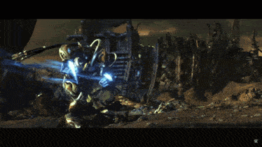 a video game screen shows a robot fighting another robot with a shield
