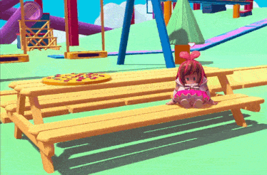 a cartoon character sits on a wooden picnic table in a park