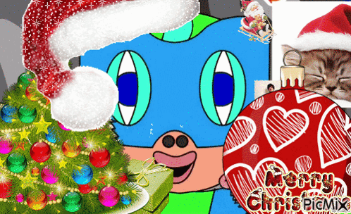 a picture of a christmas tree and a cat with the words merry chris picmix on the bottom