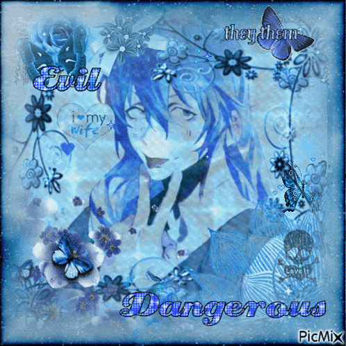 a picture of a man with blue hair and the words evil and they them