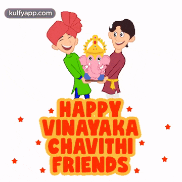 a happy vinayaka chavithi friends greeting card with two people holding a statue of ganesha