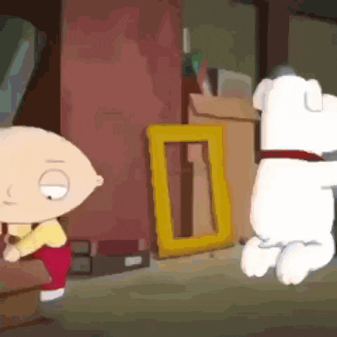 a cartoon character named stewie griffin is standing next to a white teddy bear