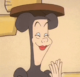 a cartoon character with a round object on top of his head