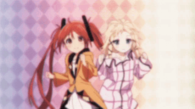 a couple of anime girls standing next to each other on a checkered background