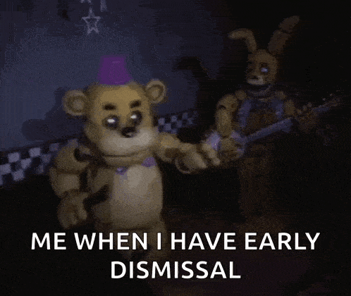 a teddy bear is dancing in a dark room next to a rabbit holding a guitar .
