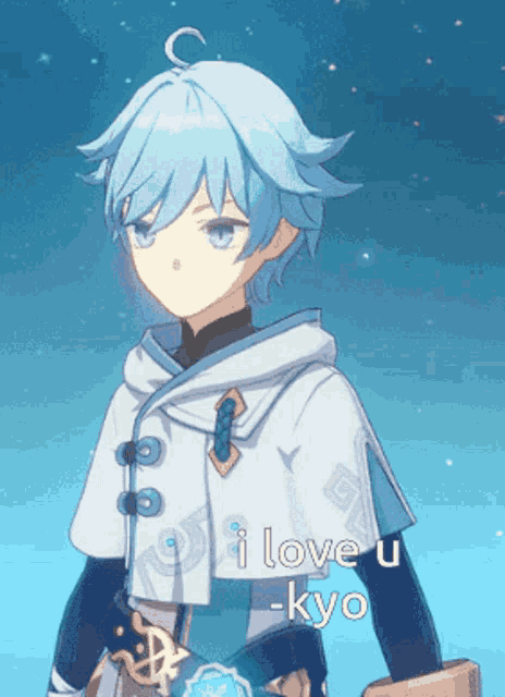 a blue haired anime character with the words i love u - kyo below him