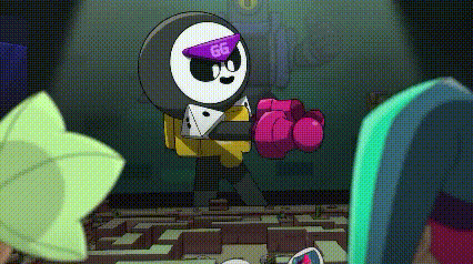 a cartoon character wearing a purple hat and sunglasses is holding a fist .