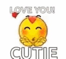 a yellow smiley face with red hearts on its ears and the words `` love you cutie '' behind it .