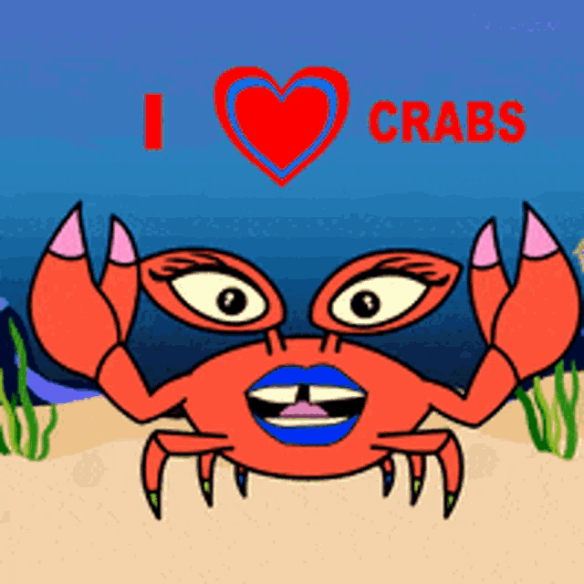 a cartoon crab says i love crabs with a red heart