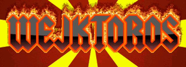 a sign that says " meikoros " with flames coming out of the letters