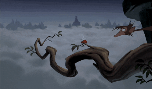 a cartoon monkey is sitting on a tree branch with a ladybug on it