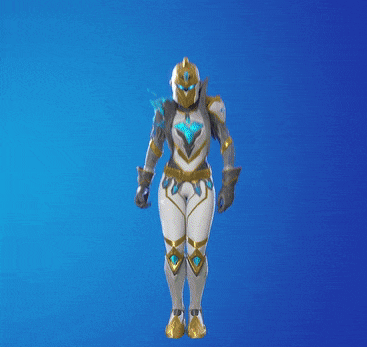 a person in a white and gold armor is standing on a blue background